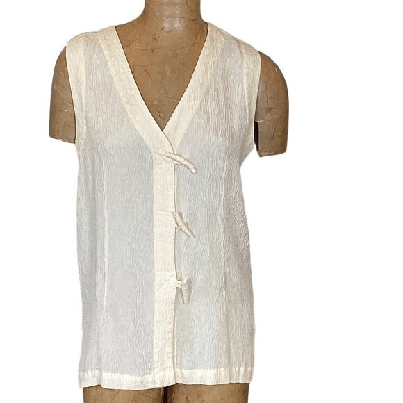 Annie Carson Crinkled Silk Toggle-Button Up Tunic Vest Top Sz L Ivory 283E - Picture 1 of 8